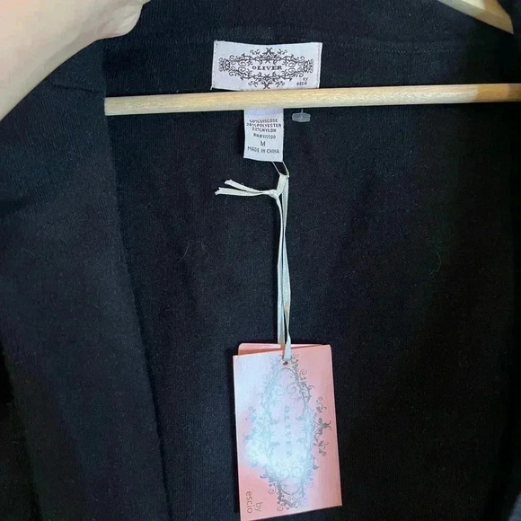 Oliver by Escio Longline Sweater Duster Faux Leather Pockets Fringes Black M - Picture 3 of 7